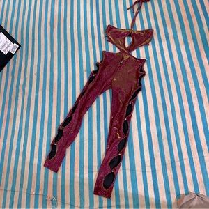 Dolls Kill Burgundy Glitter Cutout Halter Jumpsuit
